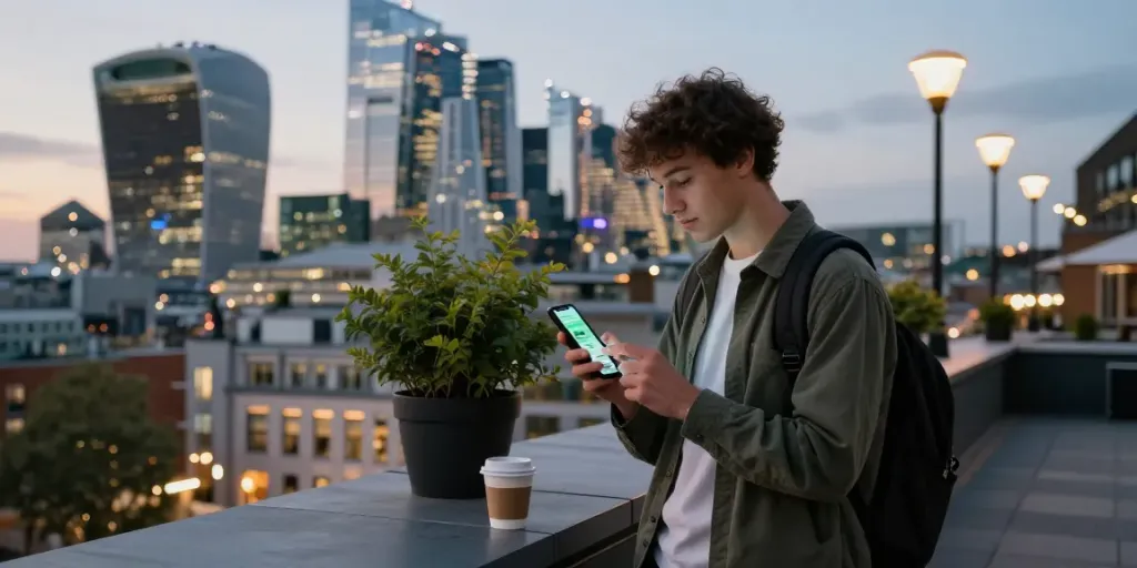 Checking weed delivery London services on a mobile app in an urban rooftop setting.