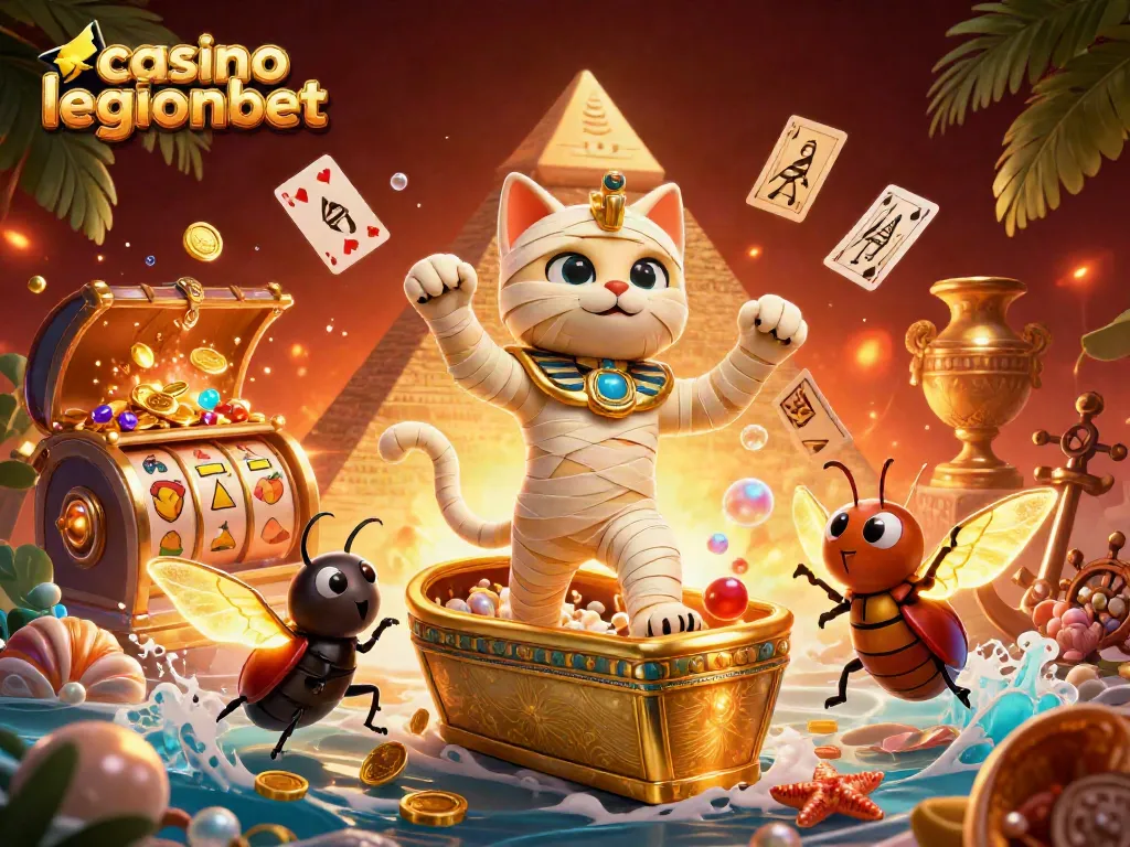 Play slots at casino legionbet with a mummy cat and magical elements in vibrant 3D art.