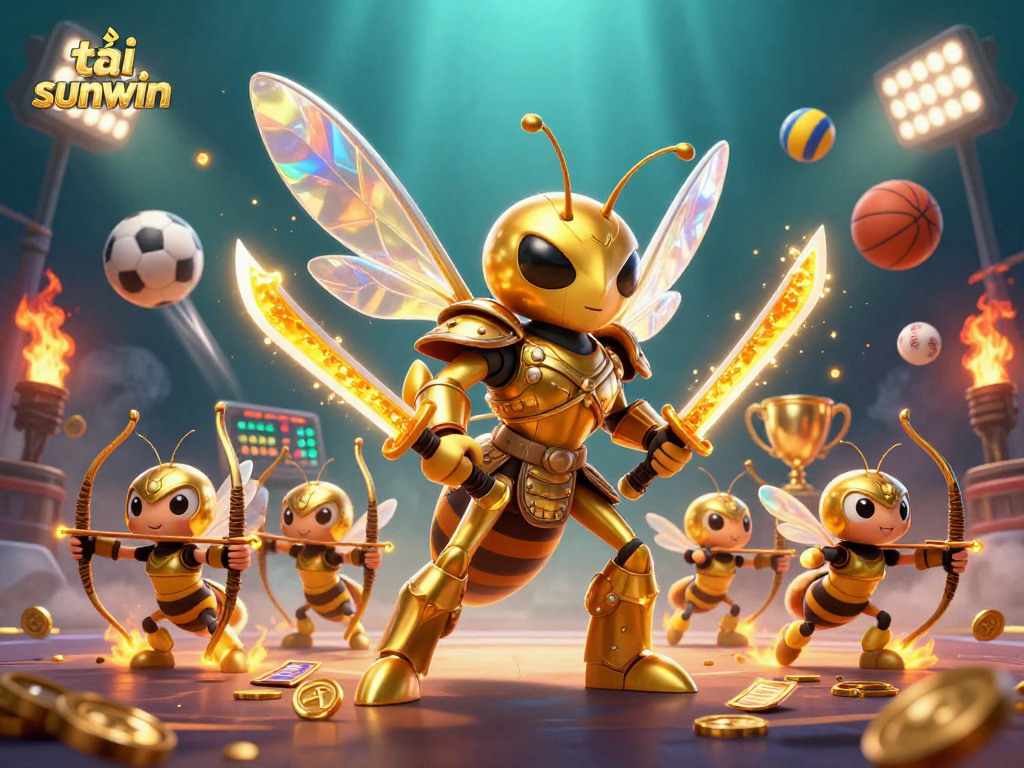 Experience tải sunwin with a vibrant 3D casino scene featuring a hornet in samurai armor, sports elements, and gold coins.