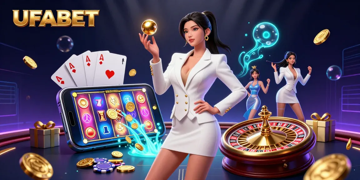 Spin to win at UFABET with a stunning casino illustration featuring slots, poker cards, and roulette!