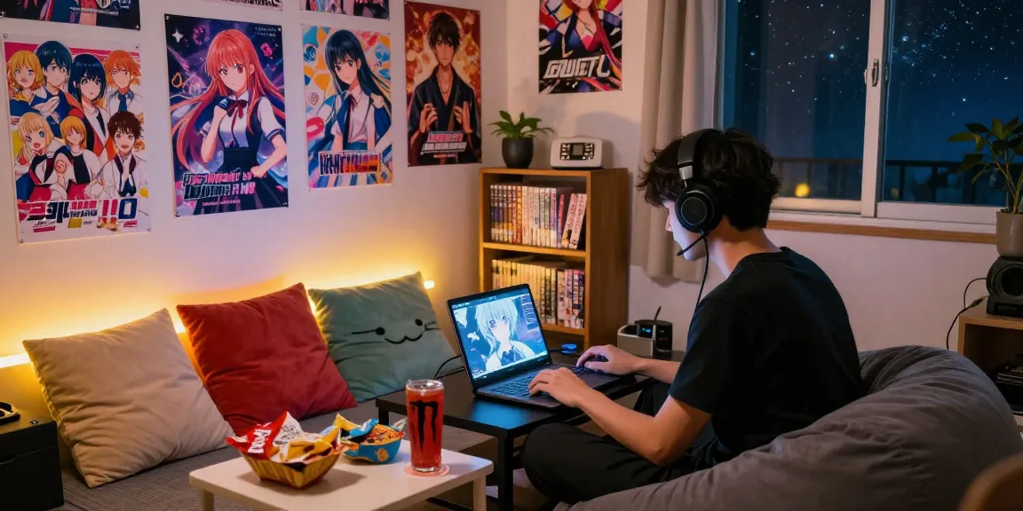 Gaming enthusiast playing ecchigames surrounded by colorful decor and manga.