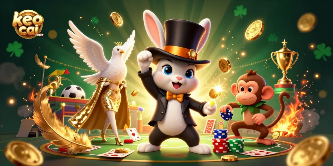 Engage in thrilling keo nha cai action with a magical scene of rabbit, dove, and monkey in a vibrant sports setting.