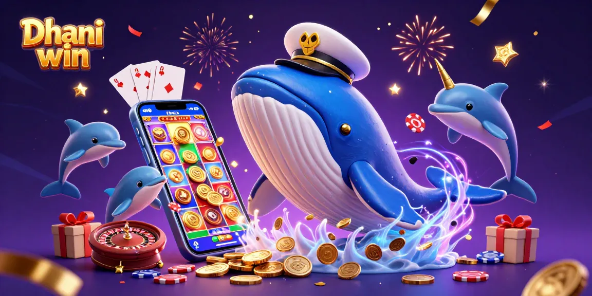 Dhani win invites players to enjoy a vibrant 3D illustration filled with excitement, showcasing colorful slot games and interactive characters.