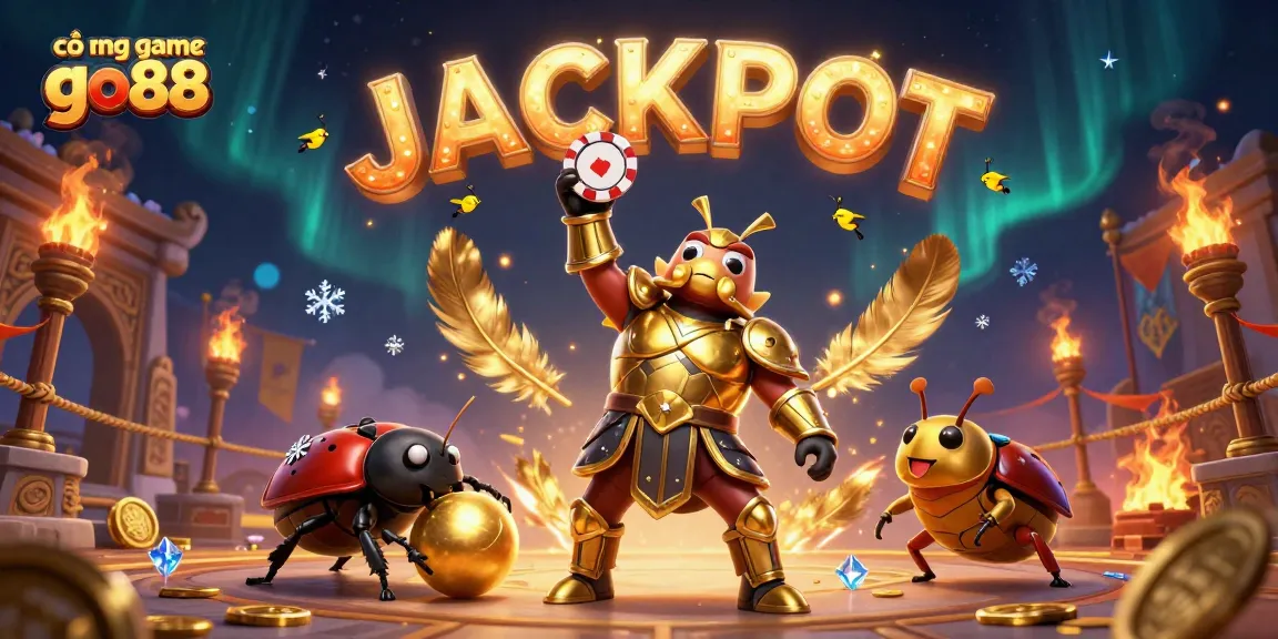 cổng game go88 features an epic scene with a victorious beetle champion amidst casino elements, celebrating wins