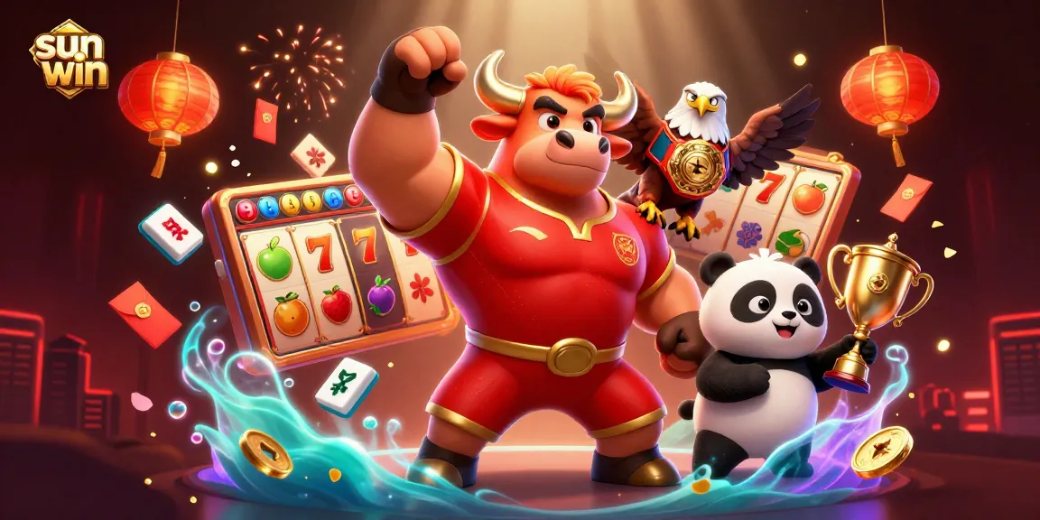 Experience the thrill of sun win as festive game elements surround the victorious bull mascot and friends.