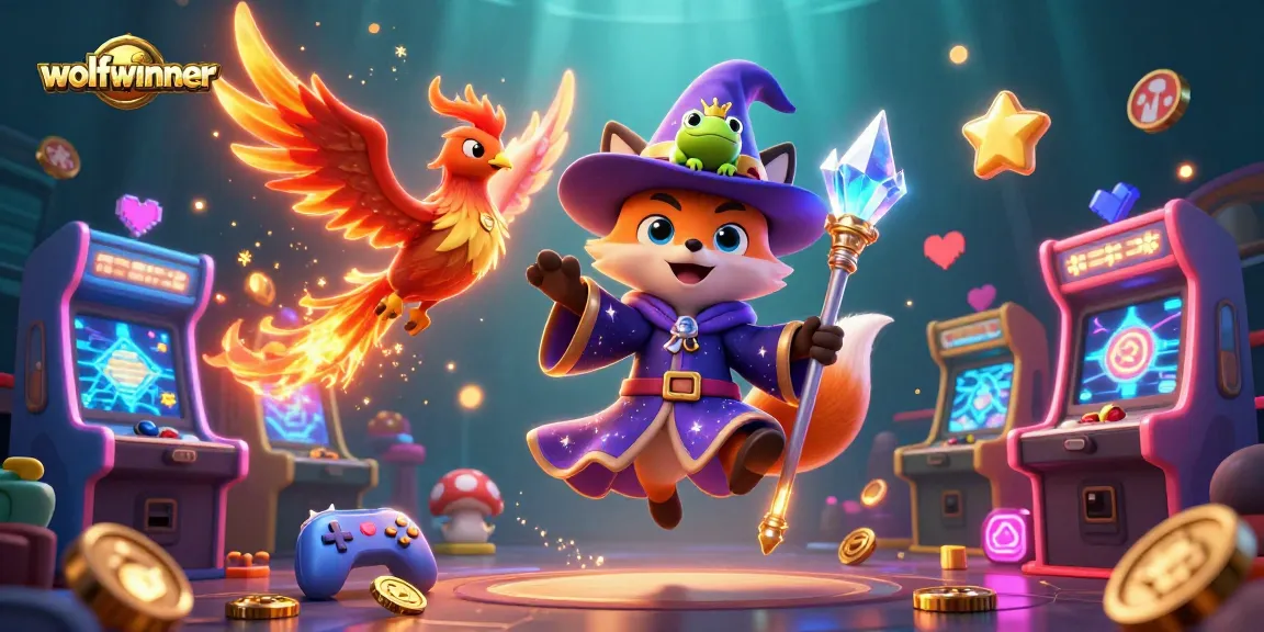 Experience the excitement of wolfwinner with a mystical wizard, fire phoenix, and arcade games in an enchanting casino scene.