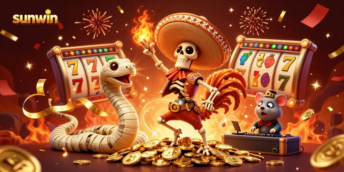 Experience thrilling wins at sunwin with a joyful skeleton mariachi rooster and vibrant casino elements.