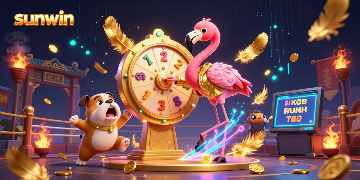 sunwin's exciting game show scene featuring a flamingo host, bulldog contestant, and scoreboard cat amidst lively casino elements
