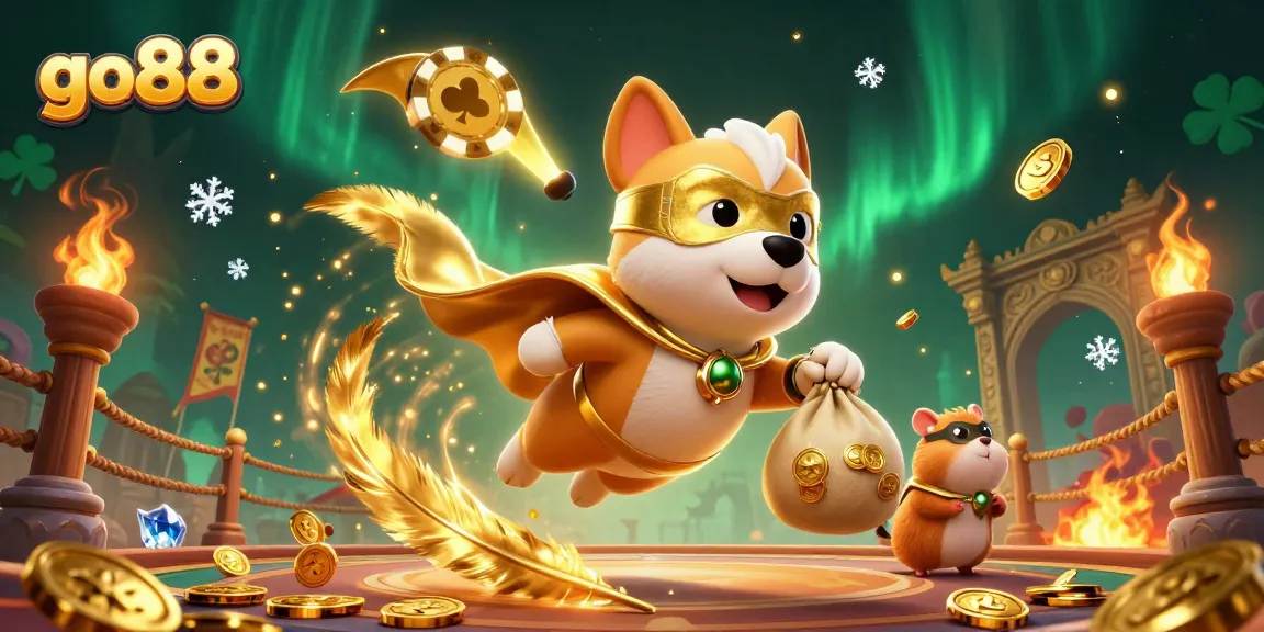 Experience go88 with a superhero dog soaring amidst casino elements, embodying excitement and winnings.